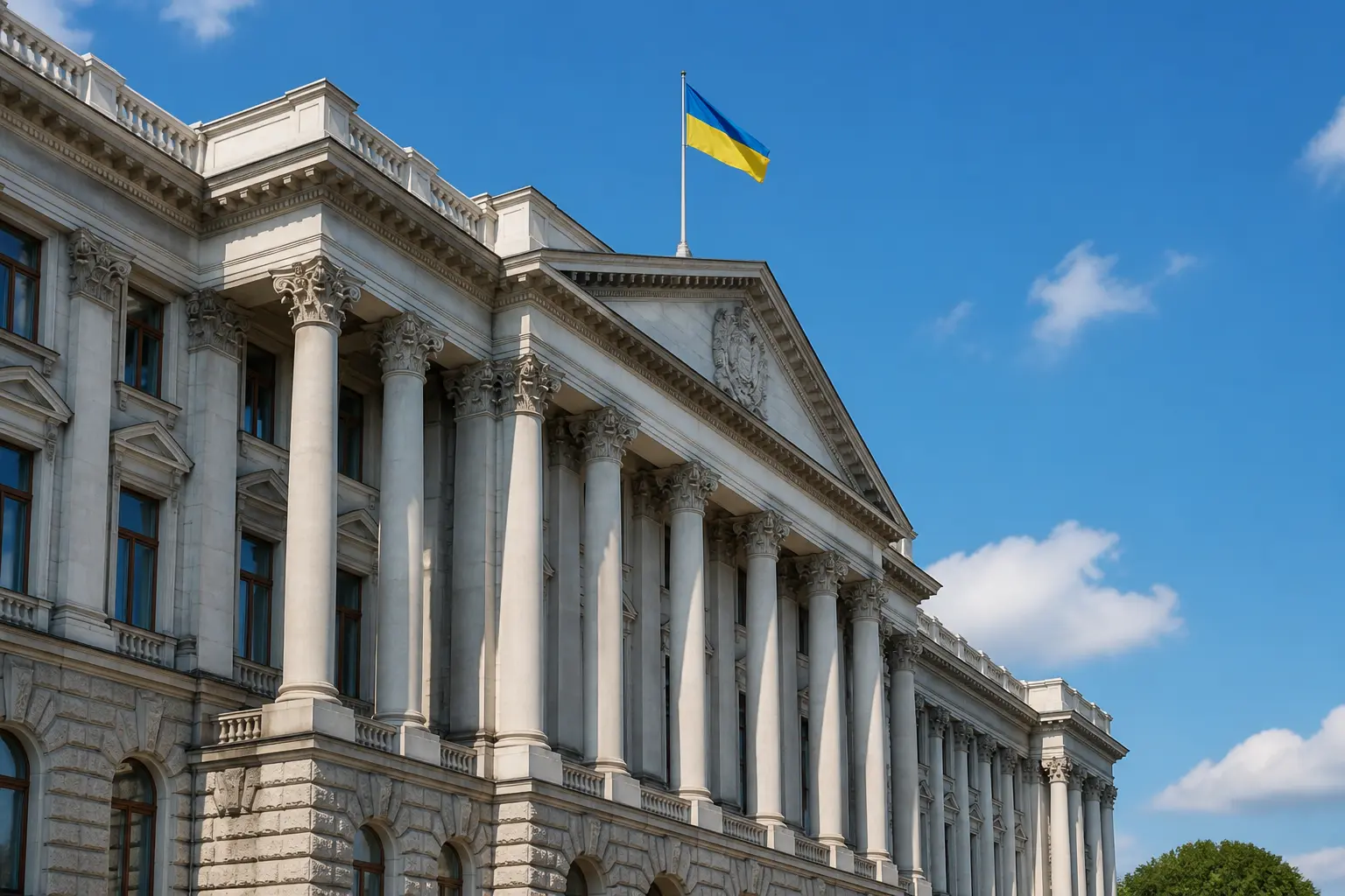Фасад урядової будівлі з колонами та прапором
