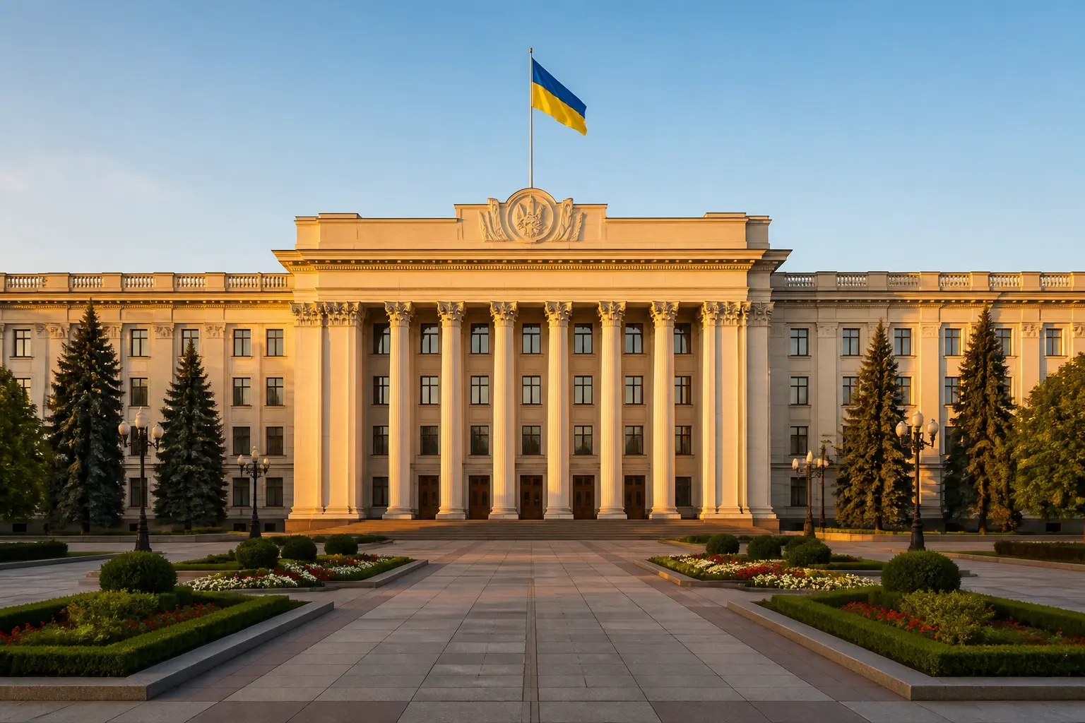 Урядовий будинок з колонами та прапором України
