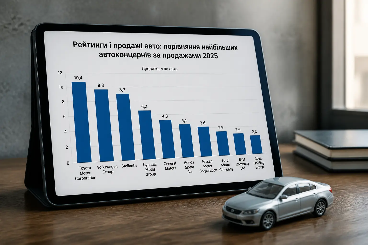 Планшет із діаграмою продажів автовиробників у 2025 році