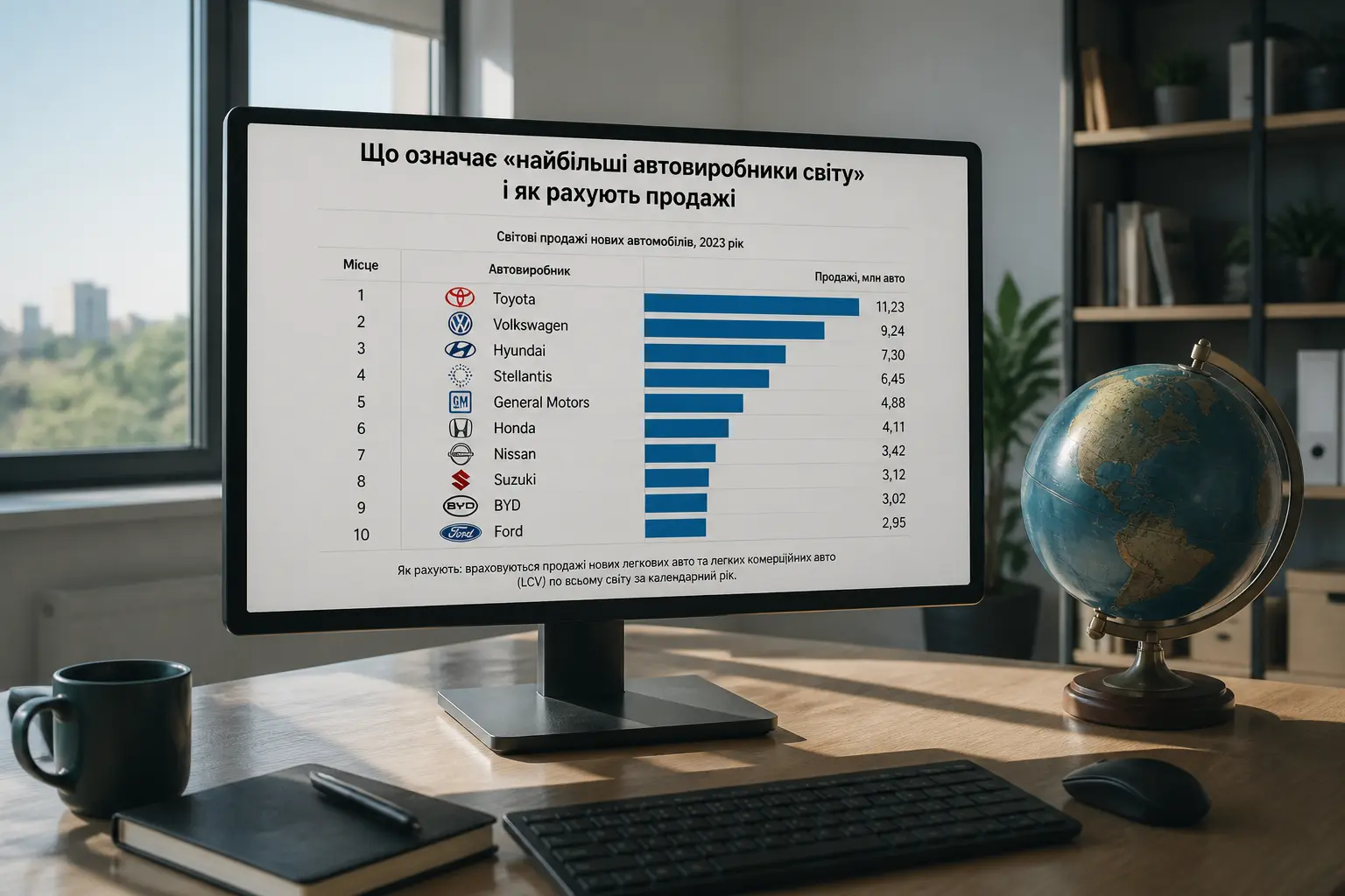 Монітор із глобальним рейтингом продажів автомобілів та глобус на столі