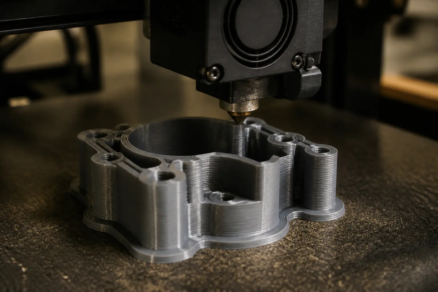 Сопло 3D-принтера укладывает расплавленный пластик слой за слоем