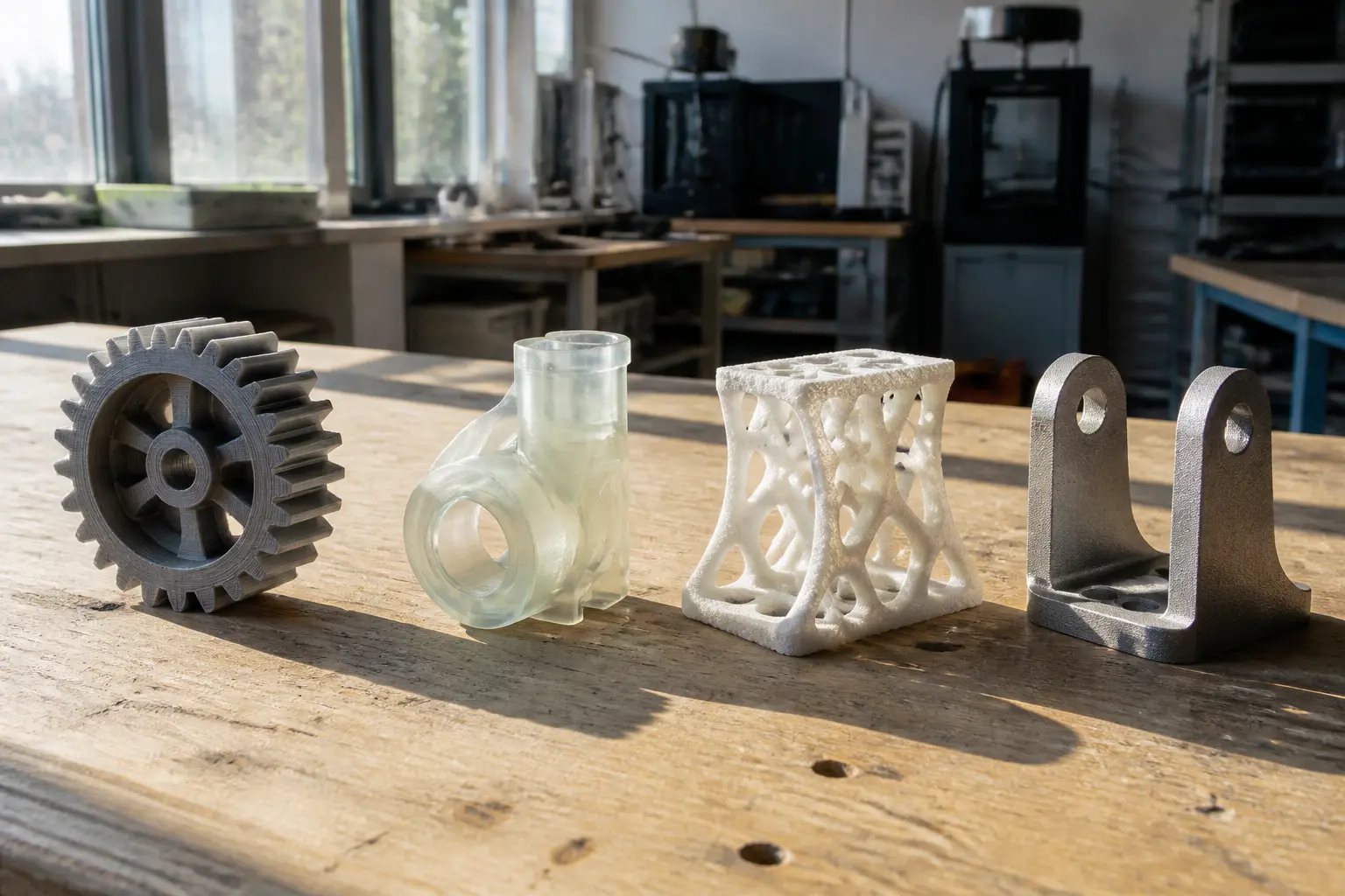Детали, изготовленные разными технологиями 3D-печати, на рабочем столе