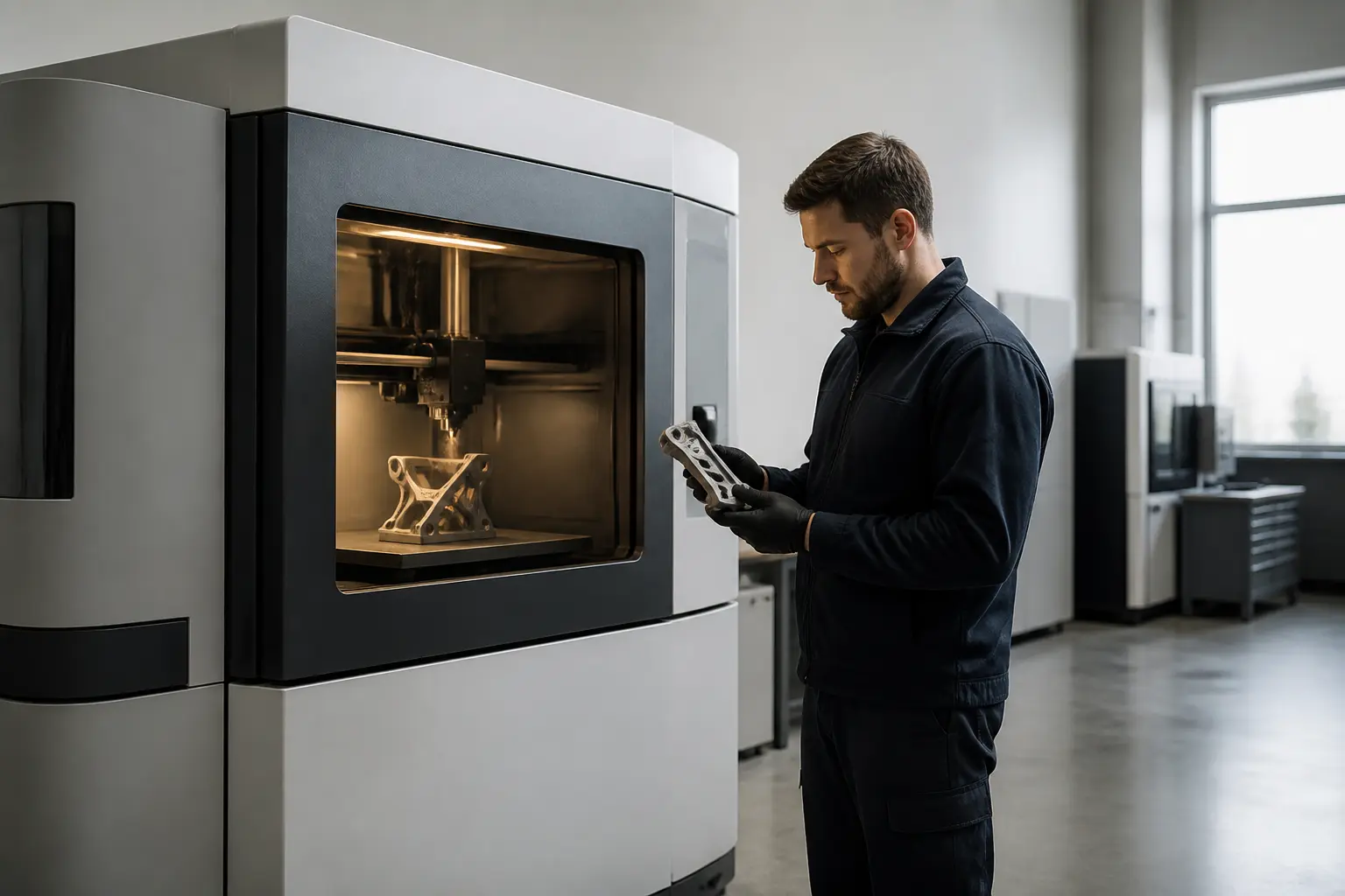 Инженер осматривает деталь, напечатанную на промышленном 3D-принтере