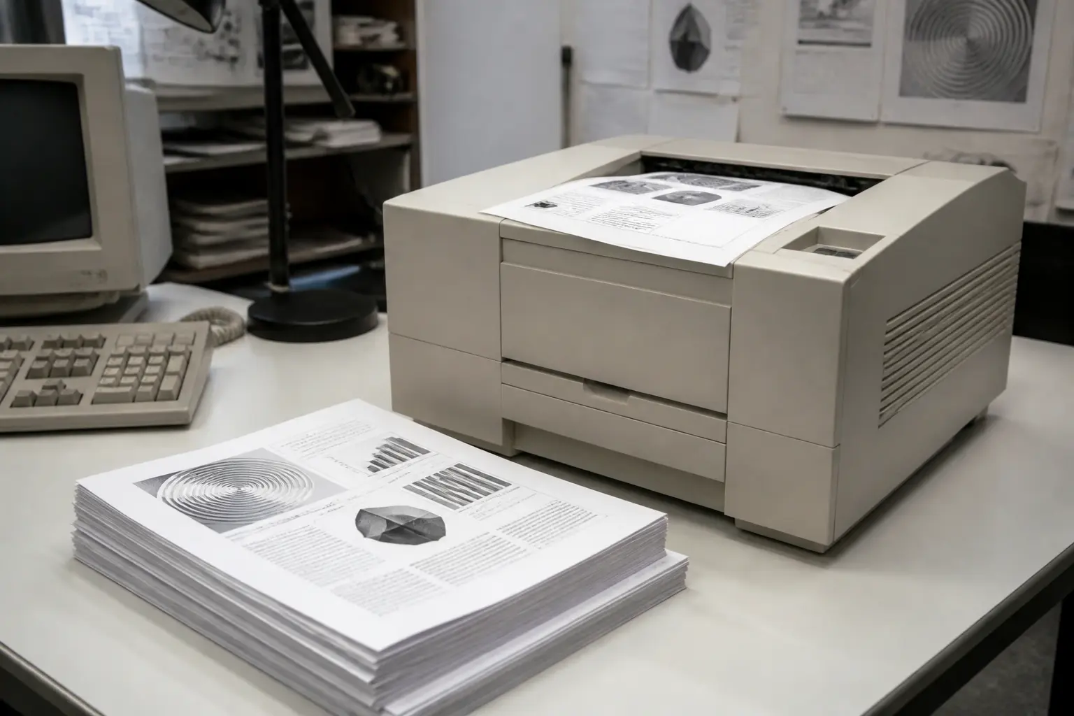 Ретро принтер Apple LaserWriter і надруковані сторінки з векторною графікою