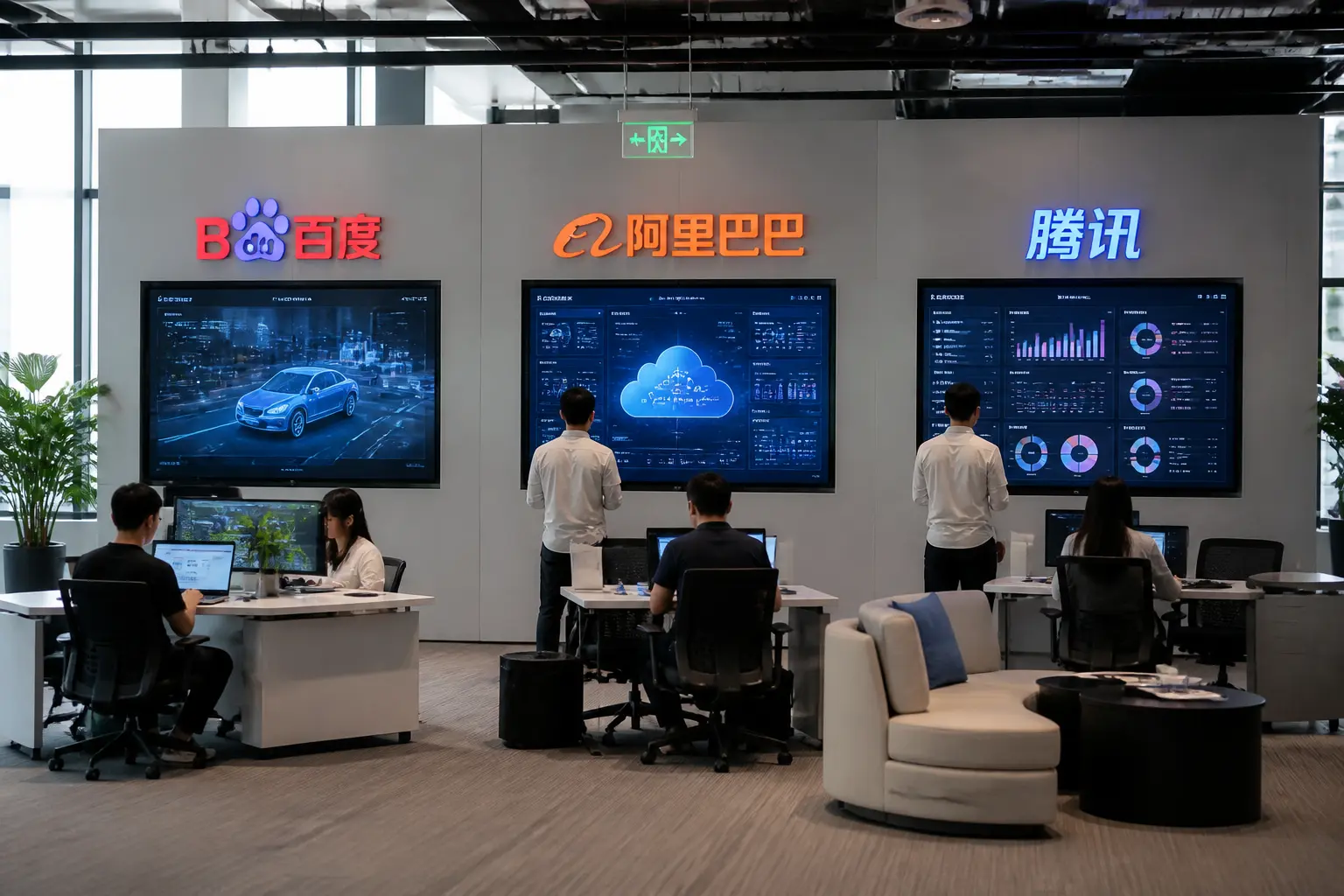 Офісне середовище з візуальними елементами AI-компаній Baidu, Alibaba та Tencent