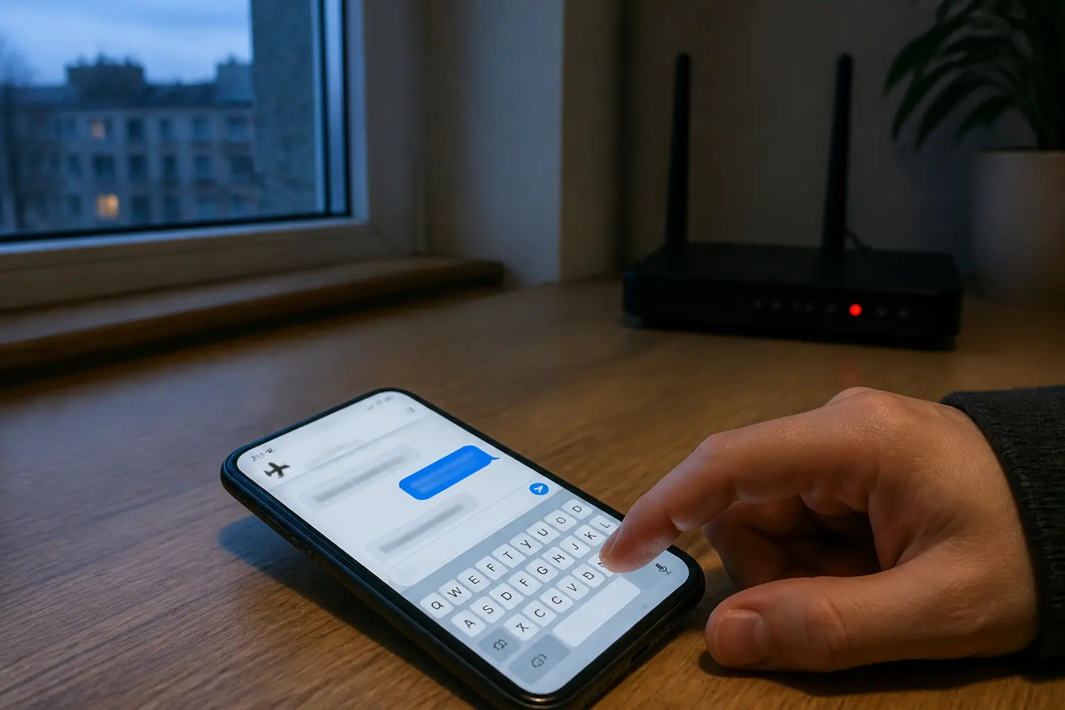 Смартфон на столі з чат-інтерфейсом, що працює локально без підключення до мережі