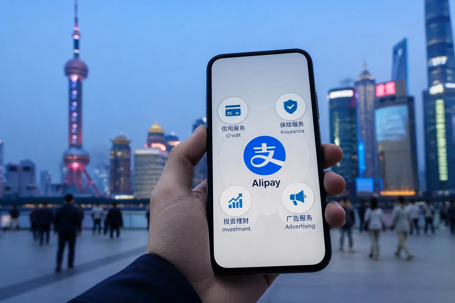 Інфографіка на екрані смартфона: джерела доходу Alipay — кредити, страхування, інвестиції, реклама