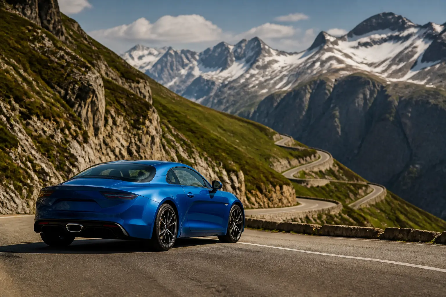 Сучасний Alpine A110 на гірському серпантині в Альпах