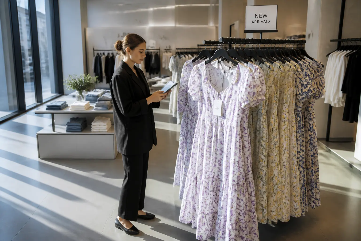 Нові сукні в магазині Zara, продавець з планшетом