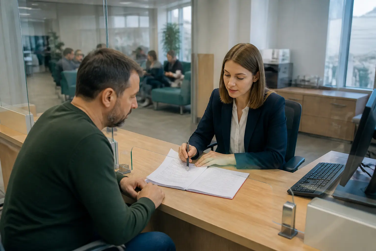 Клієнт банку спілкується з консультантом про перевірку операції