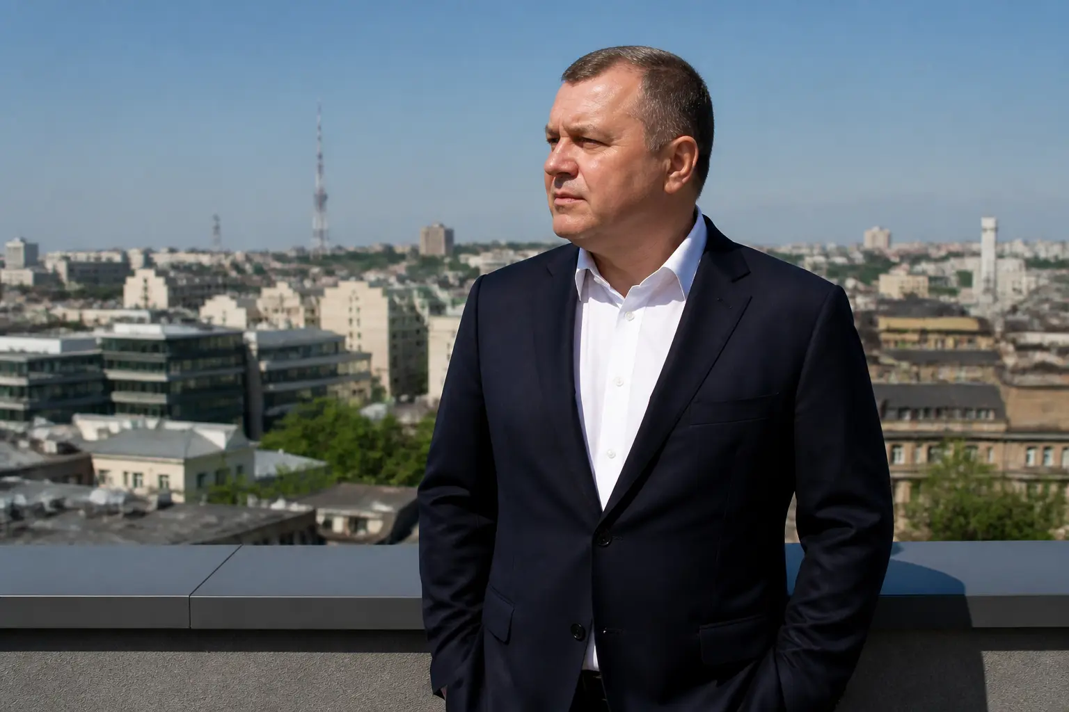 Український підприємець в офісі з панорамними вікнами