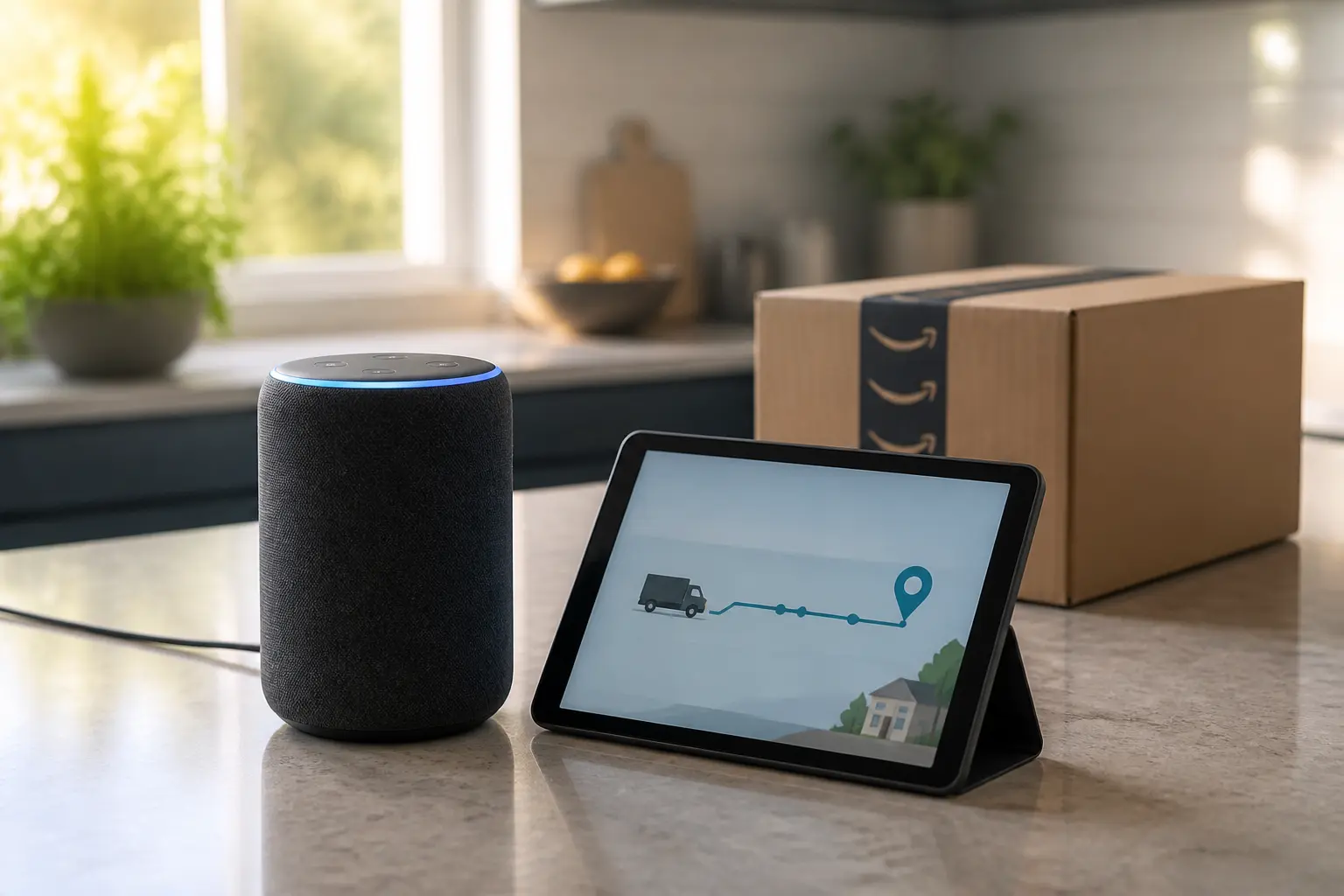 Умная колонка Amazon Echo рядом с планшетом и посылкой