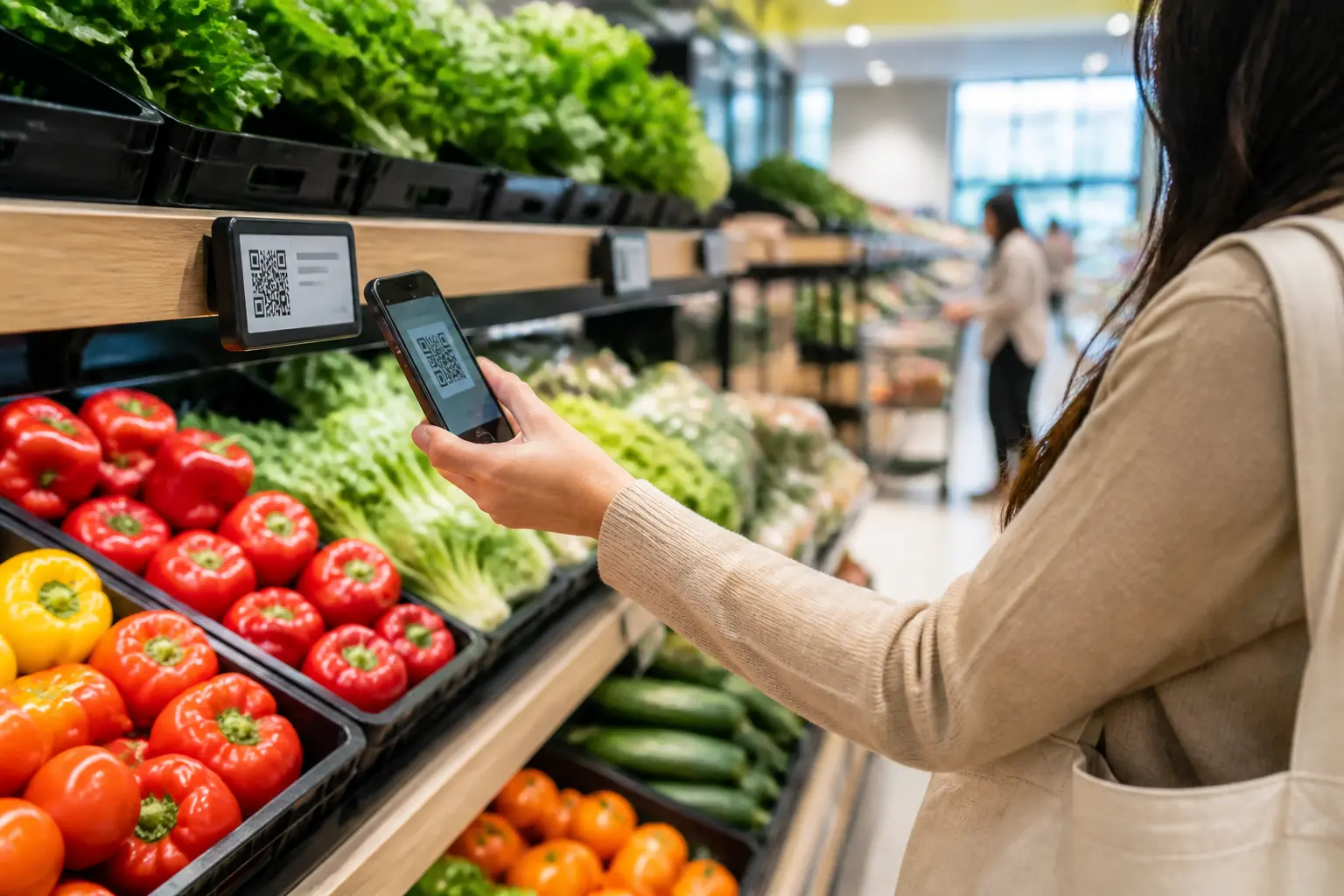 Покупатель сканирует QR-код в современном супермаркете