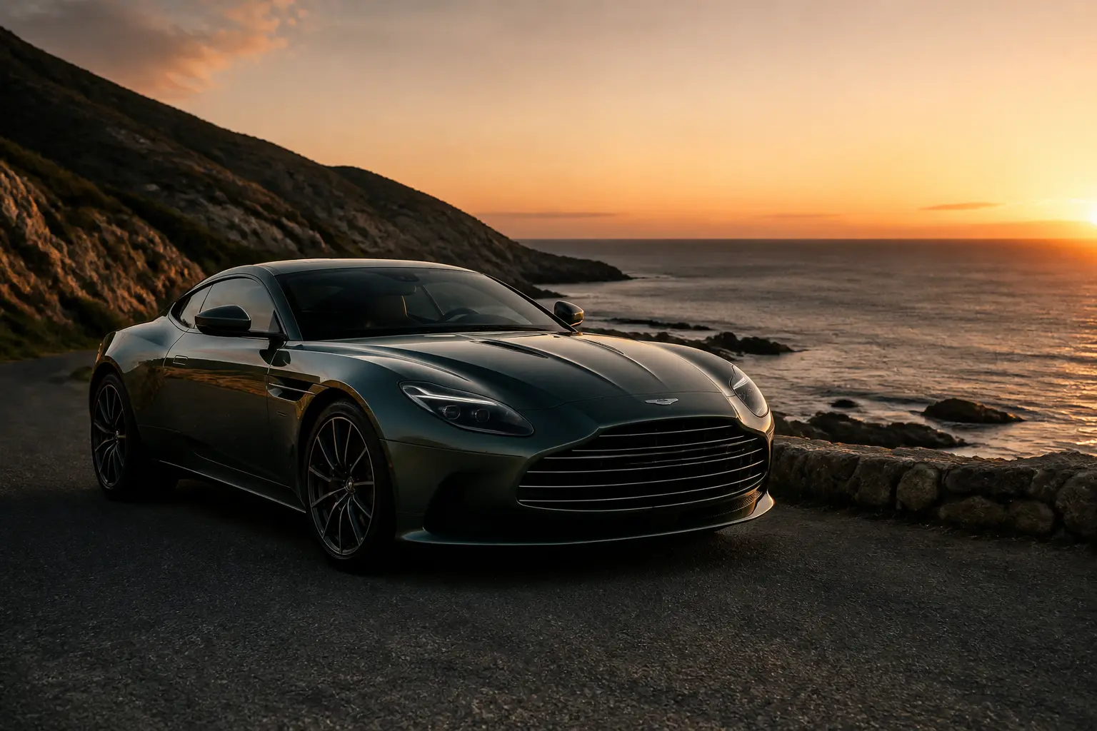 Современное спортивное купе в стиле Aston Martin на прибрежной дороге