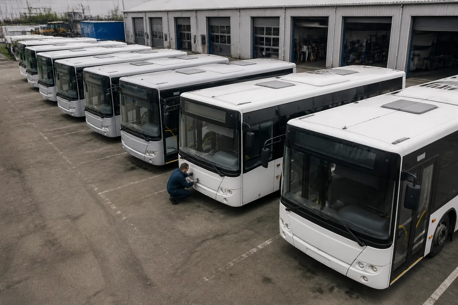 Автобуси на території депо під час технічного огляду