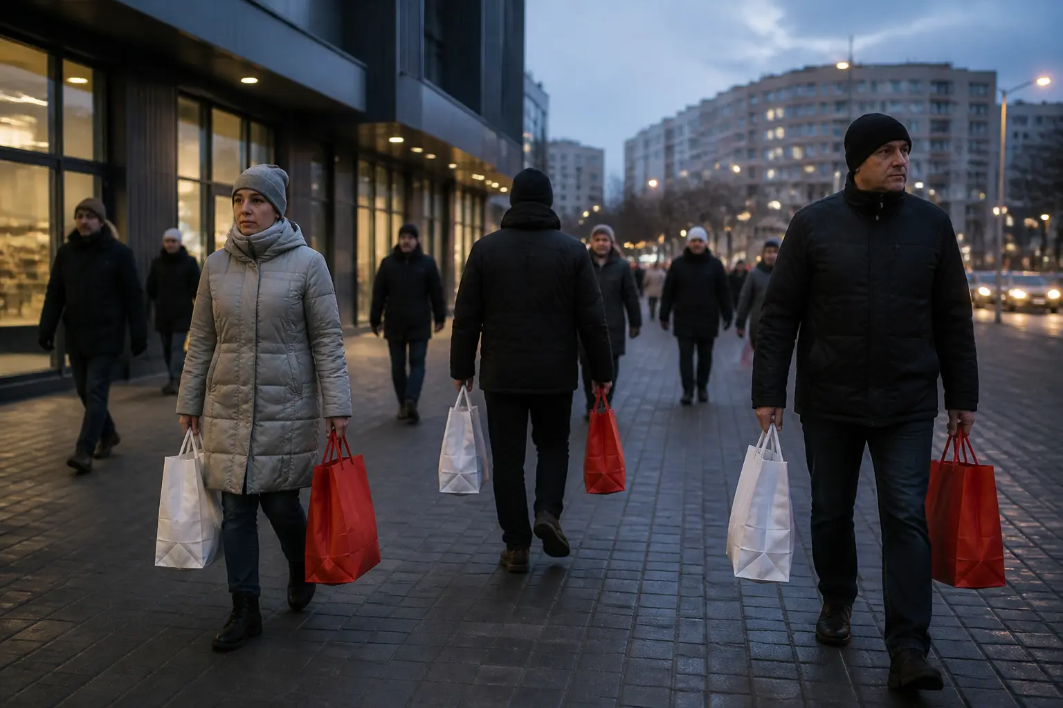 Перехожі з покупками на вулиці українського міста