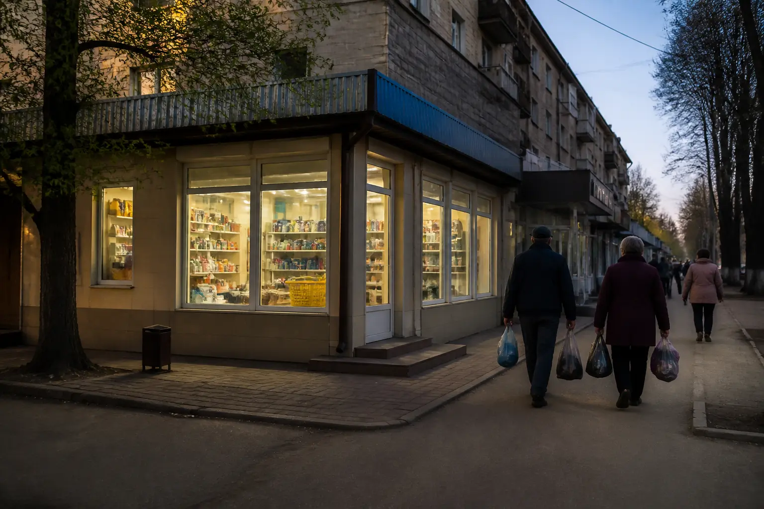 Вулиця невеликого українського міста з магазином увечері