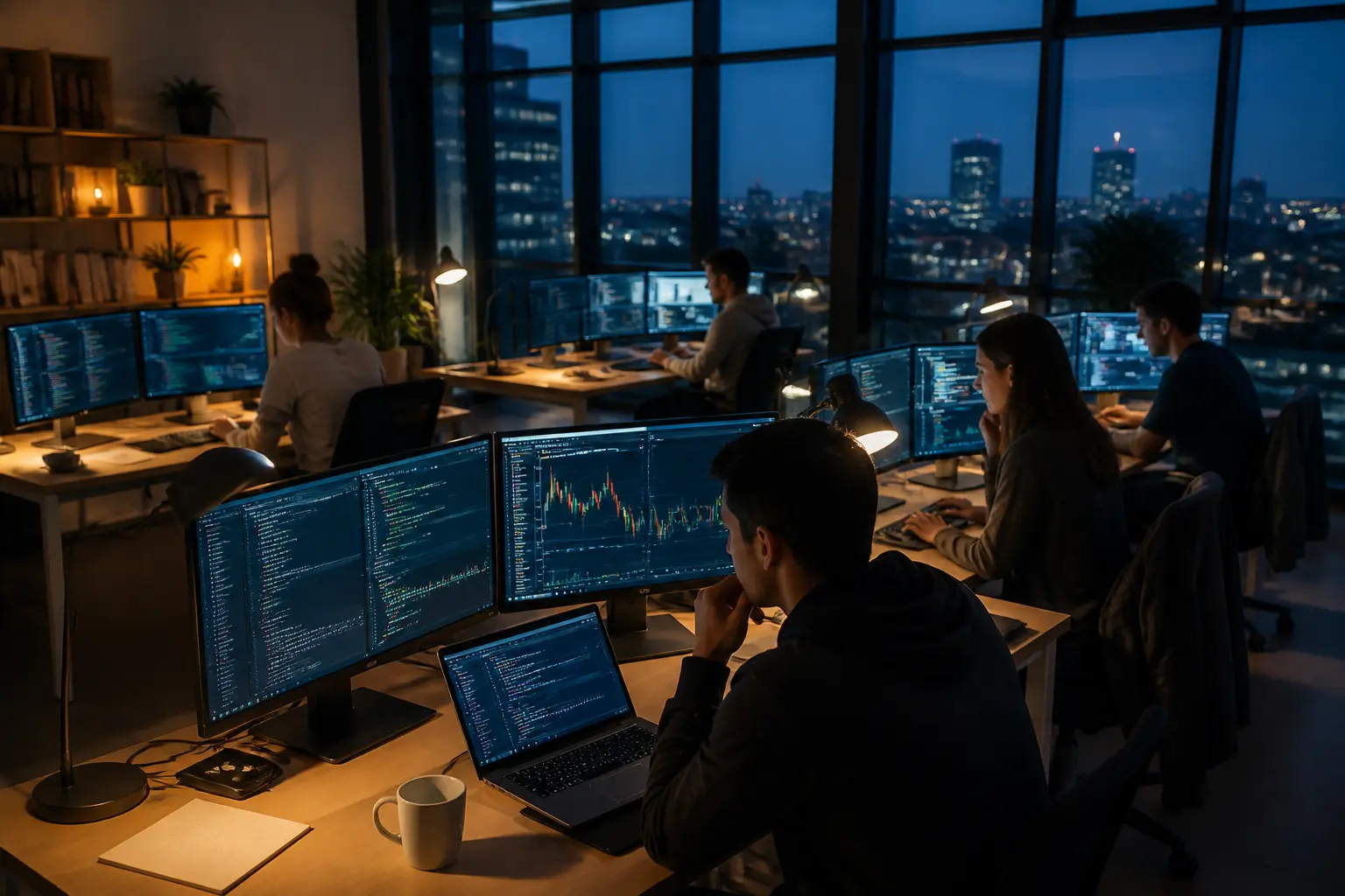 Команда розробників у нічному офісі працює над торговою платформою