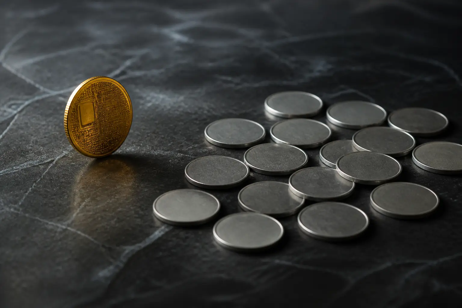 Символическая золотая монета в стороне от других — сравнение Bitcoin с другими цифровыми активами