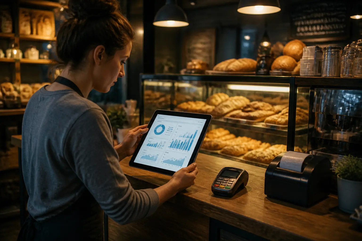 Власник малого бізнесу аналізує продажі на планшеті з POS-системою