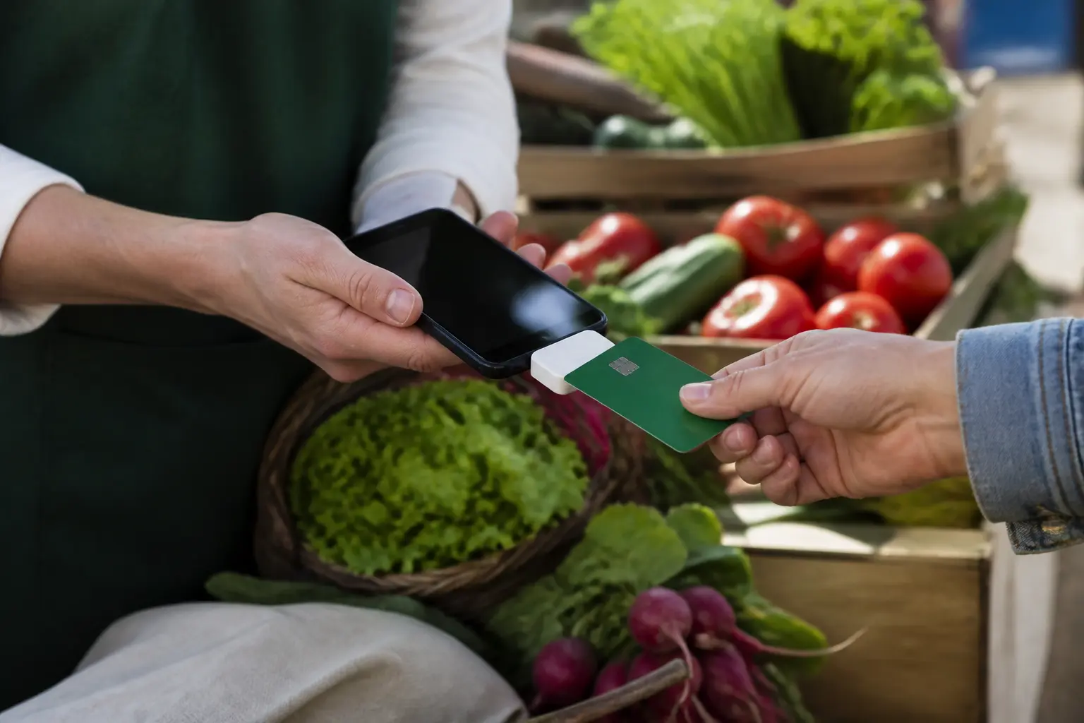 Продавець на ярмарку приймає оплату карткою через смартфон зі зчитувачем