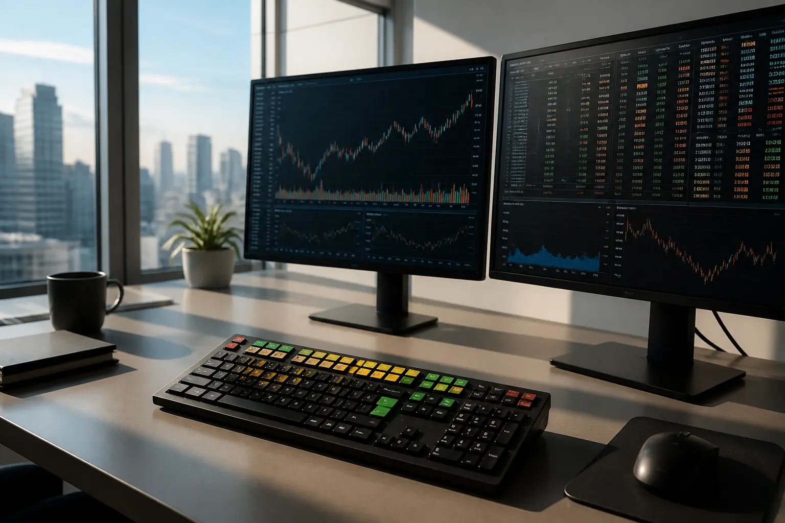 Современный рабочий стол с клавиатурой Bloomberg и мониторами с финансовыми данными