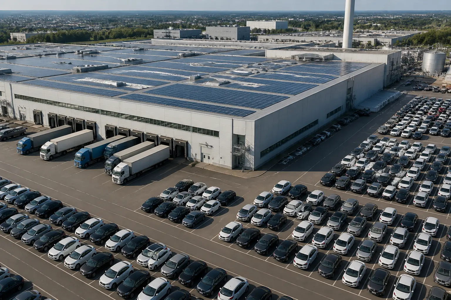 Вид згори на сучасний автомобільний завод із рядами нових автомобілів