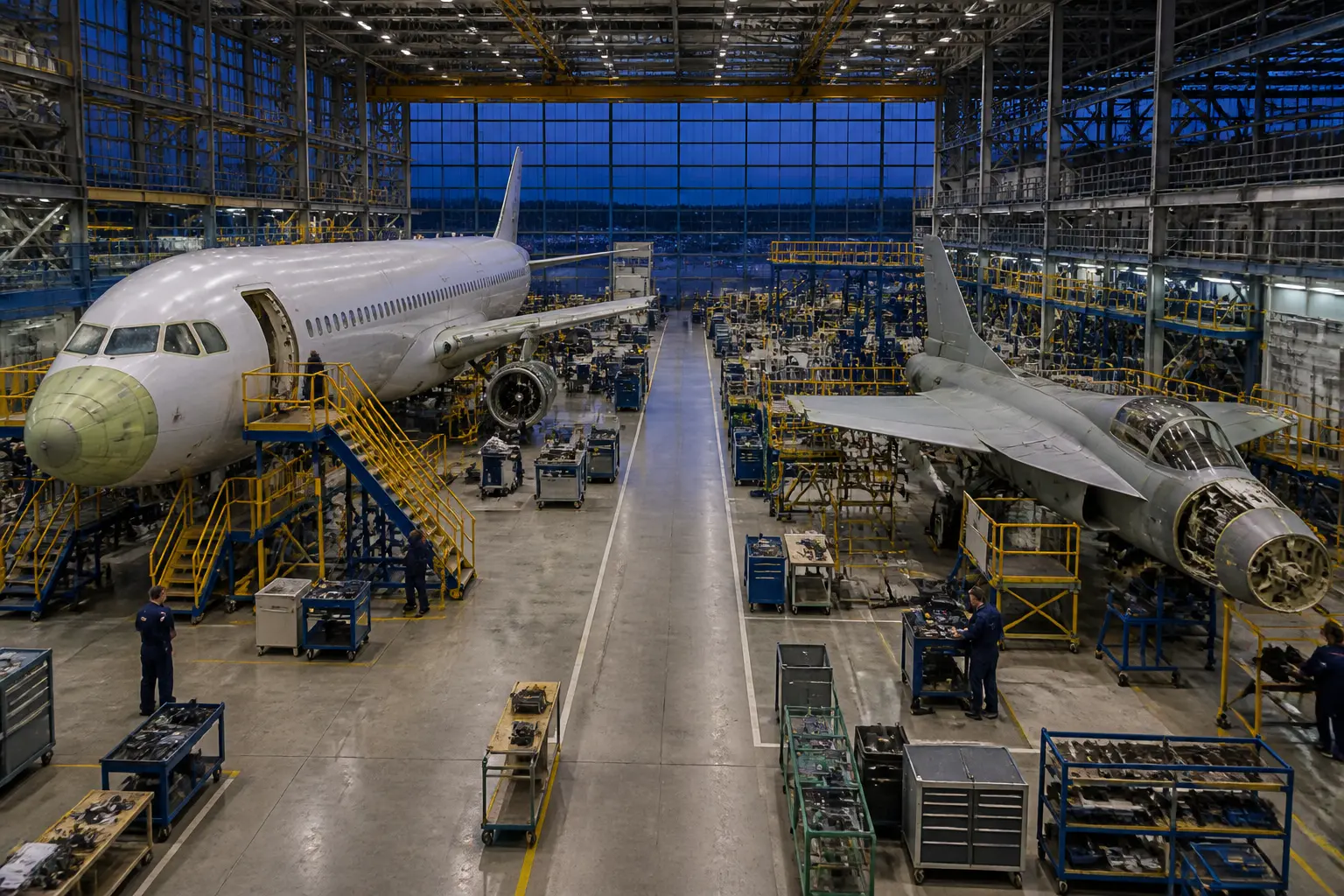 Сборочный цех Boeing с гражданским и военным самолетами рядом