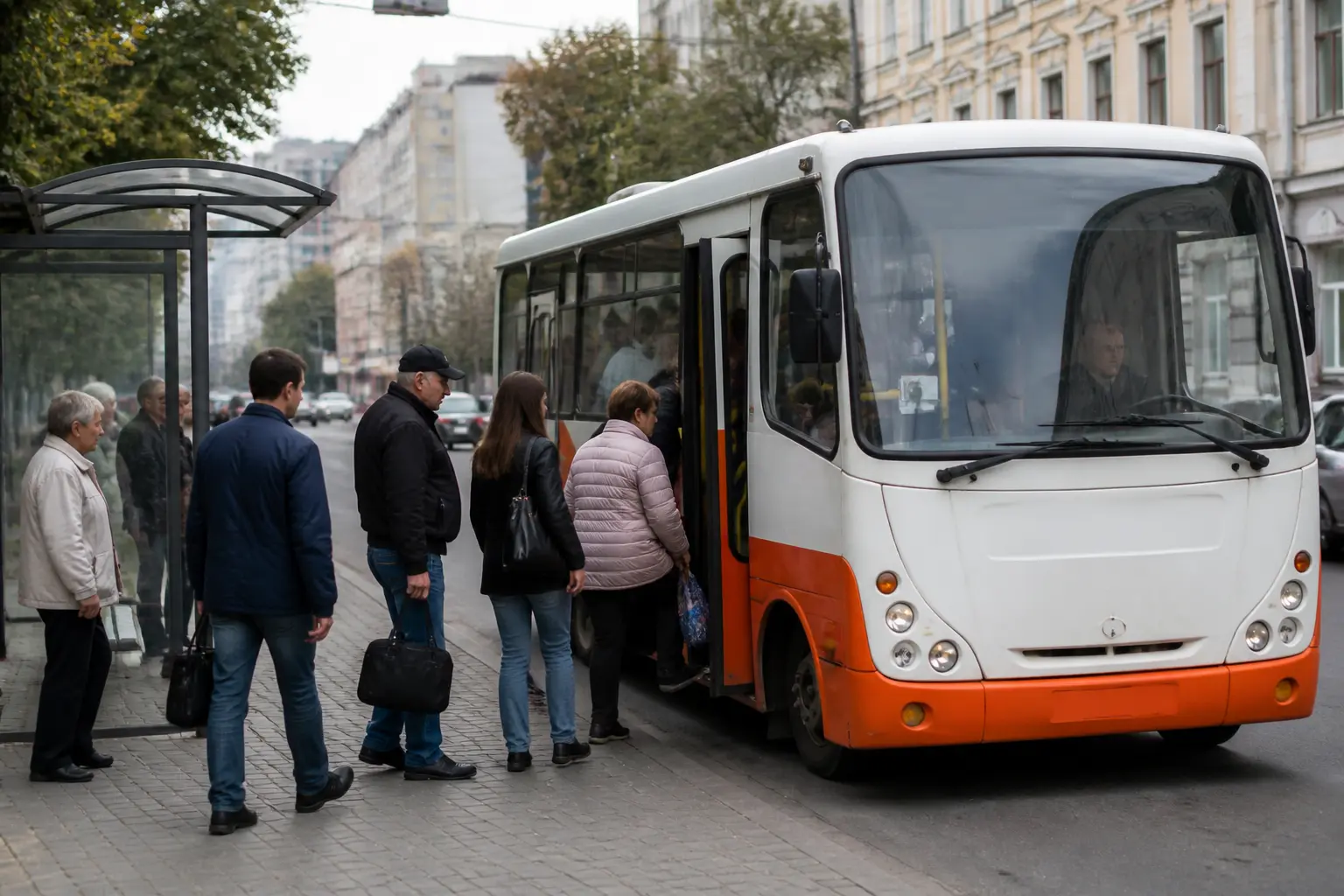 Городской автобус малого класса на остановке в украинском городе
