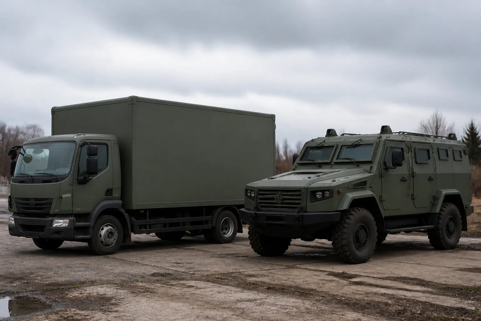 Коммерческий грузовик и бронированный автомобиль на испытательном полигоне