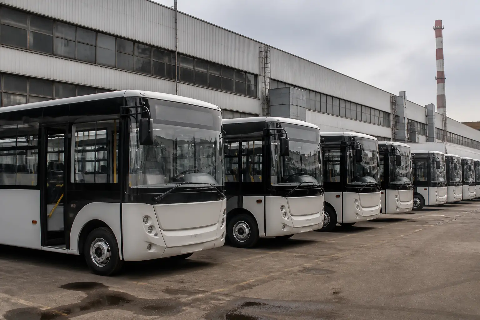 Территория украинского автосборочного завода с новыми автобусами