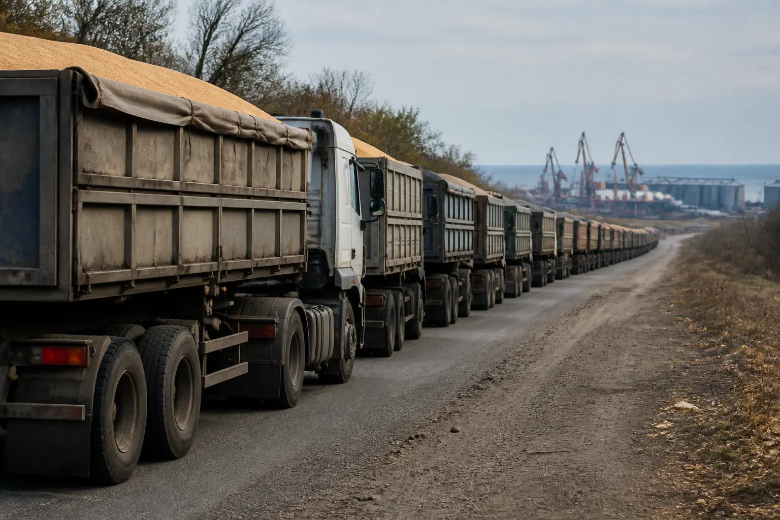 Черга зерновозів на дорозі до порту в сезон відвантажень
