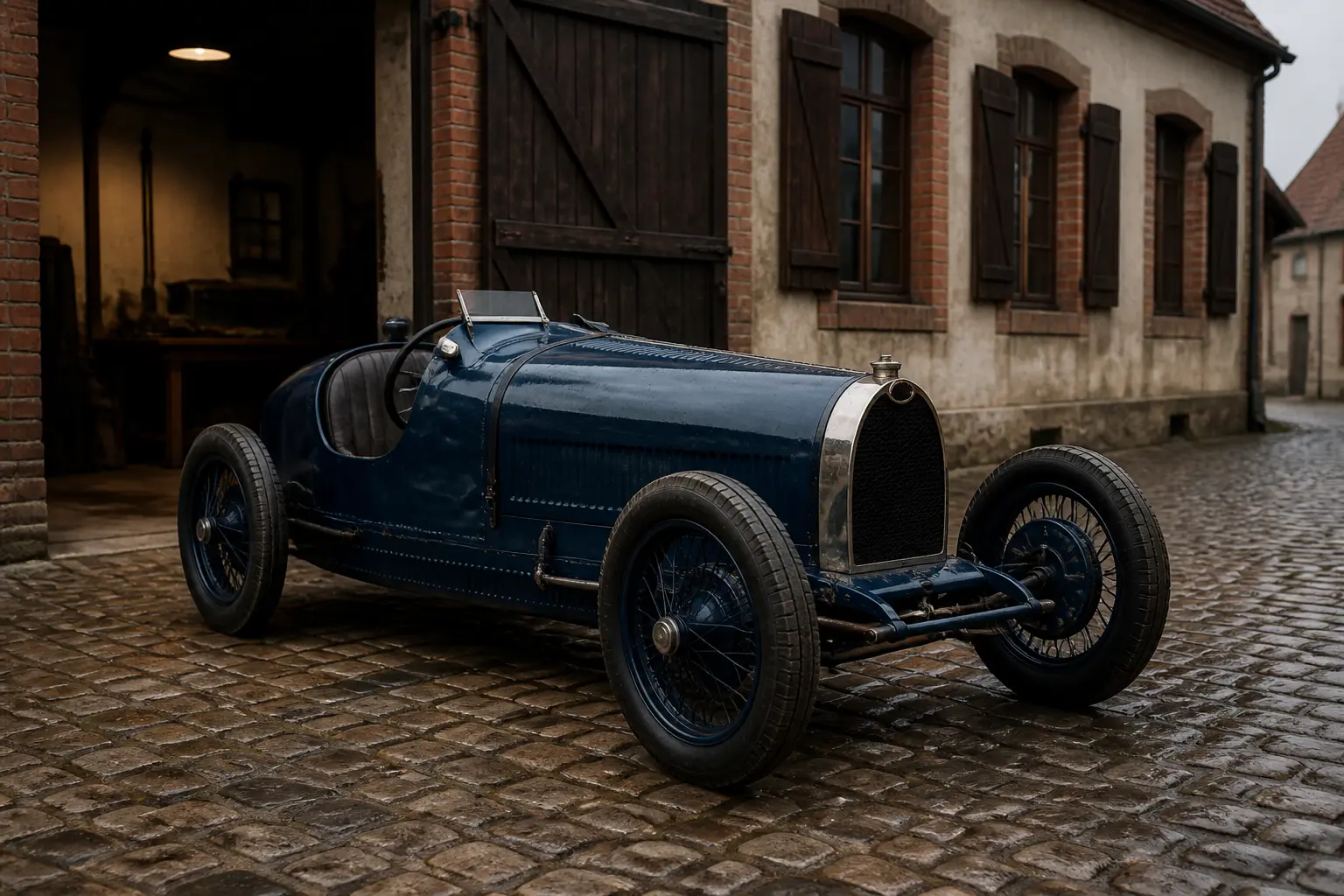 Вінтажний гоночний автомобіль 1920-х років біля старої майстерні в Ельзасі