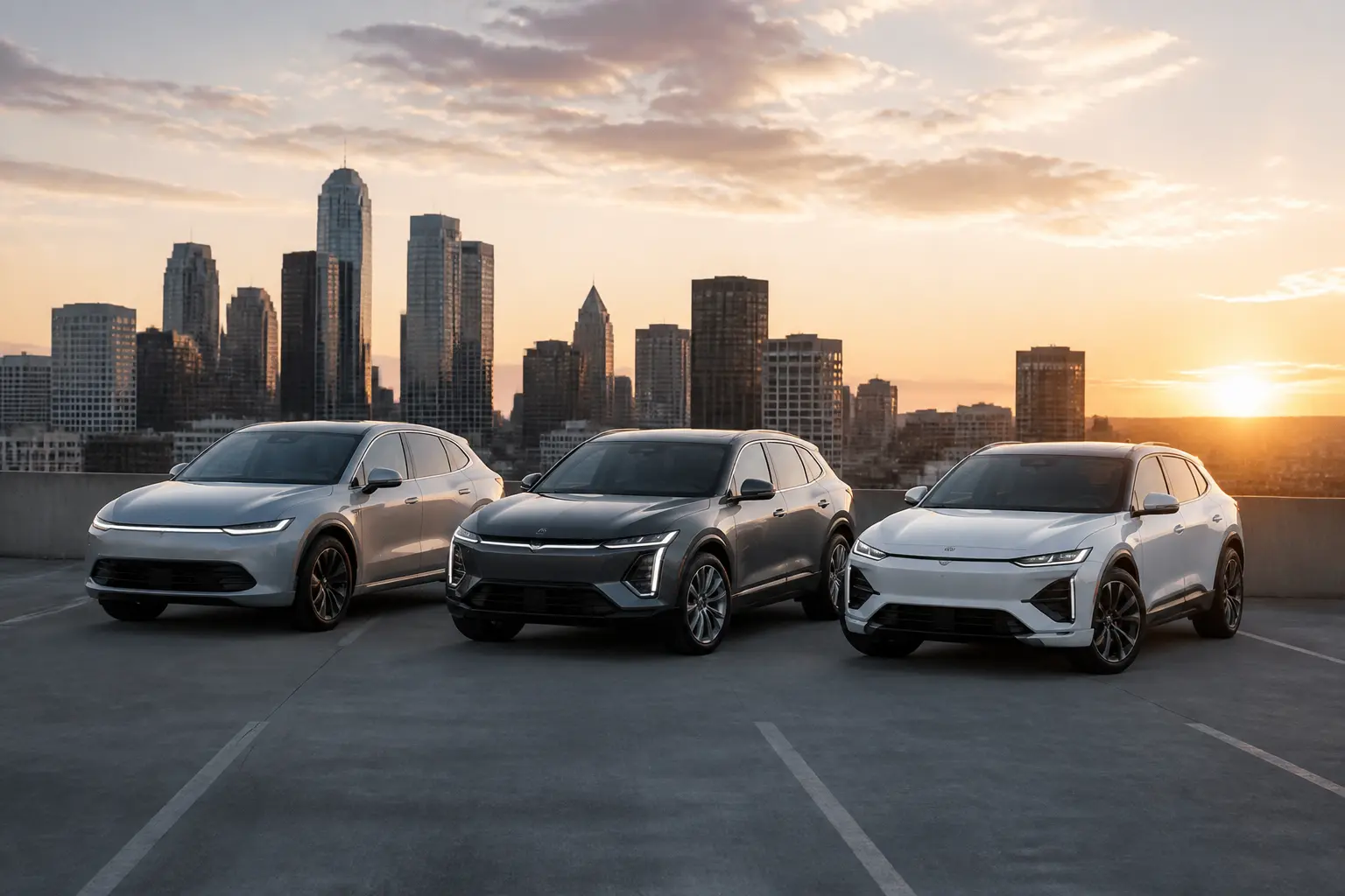 Три сучасні преміальні електричні кросовери на тлі міського skyline