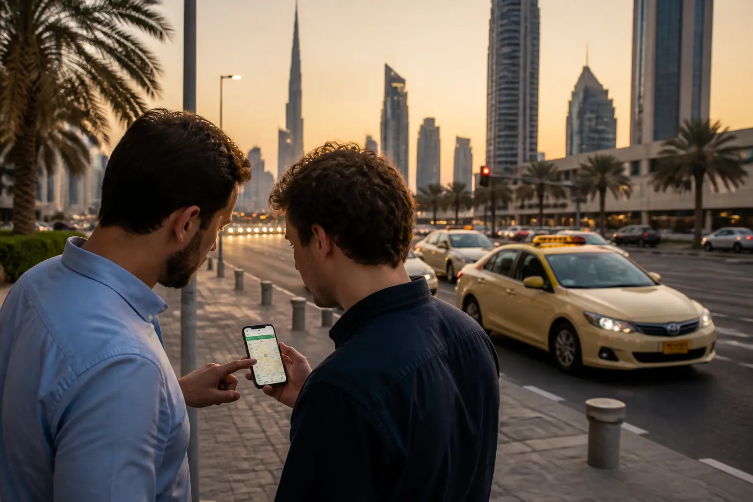 Основатели Careem на улице Дубая обсуждают идею сервиса