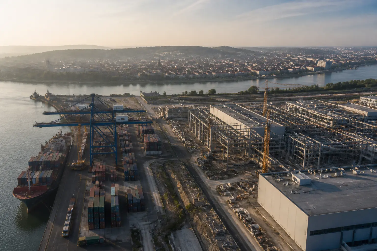 Порт із контейнерами поруч із будівництвом нової фабрики в Європі