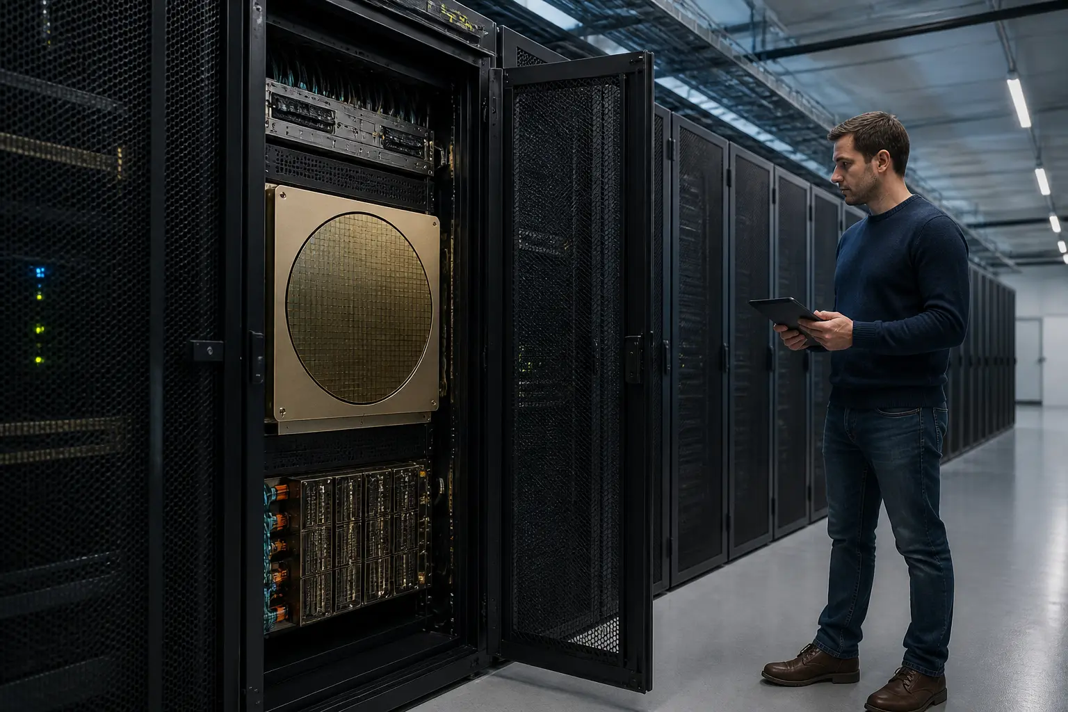 Дата-центр із серверними стійками та системою на базі wafer-scale чипа