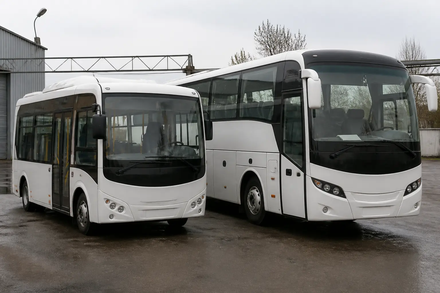 Малий міський автобус і середній міжміський автобус на території депо