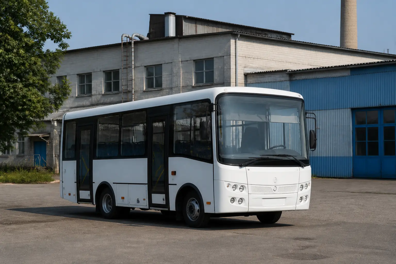 Невеликий міський автобус біля промислового заводу в Черкасах