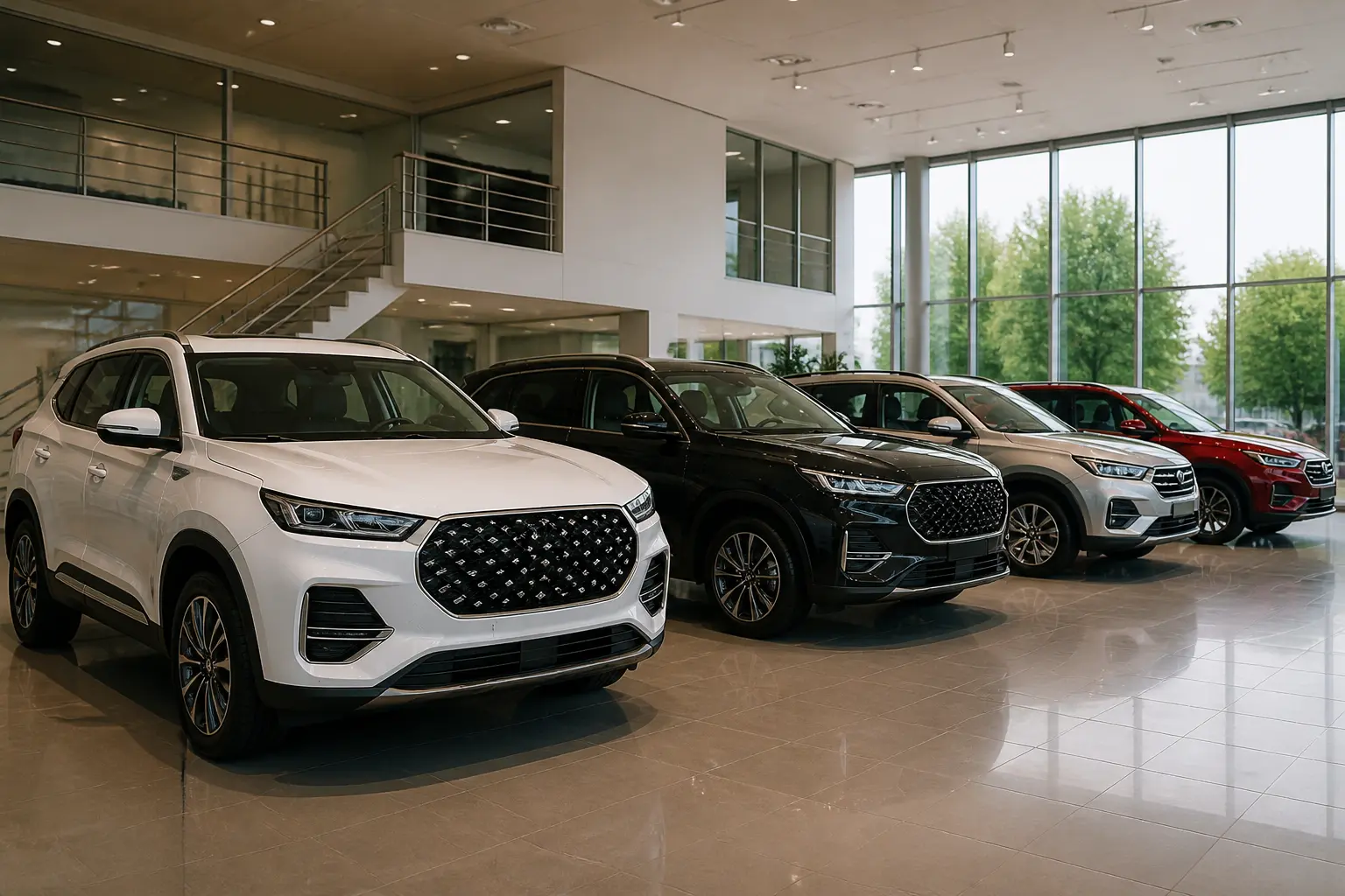 Кілька кросоверів різних брендів у сучасному автосалоні
