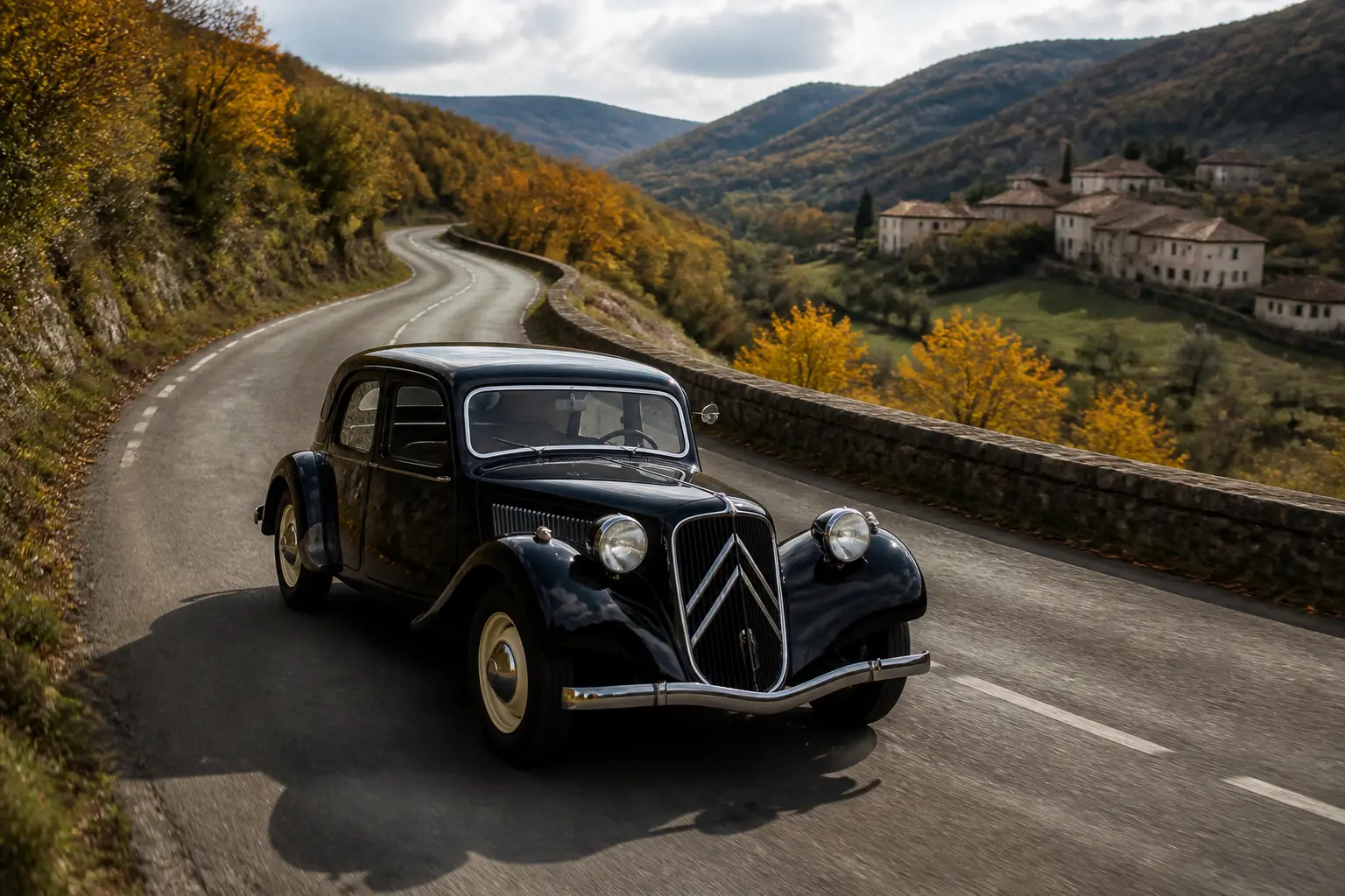 Citroën Traction Avant 1934 года на загородной дороге