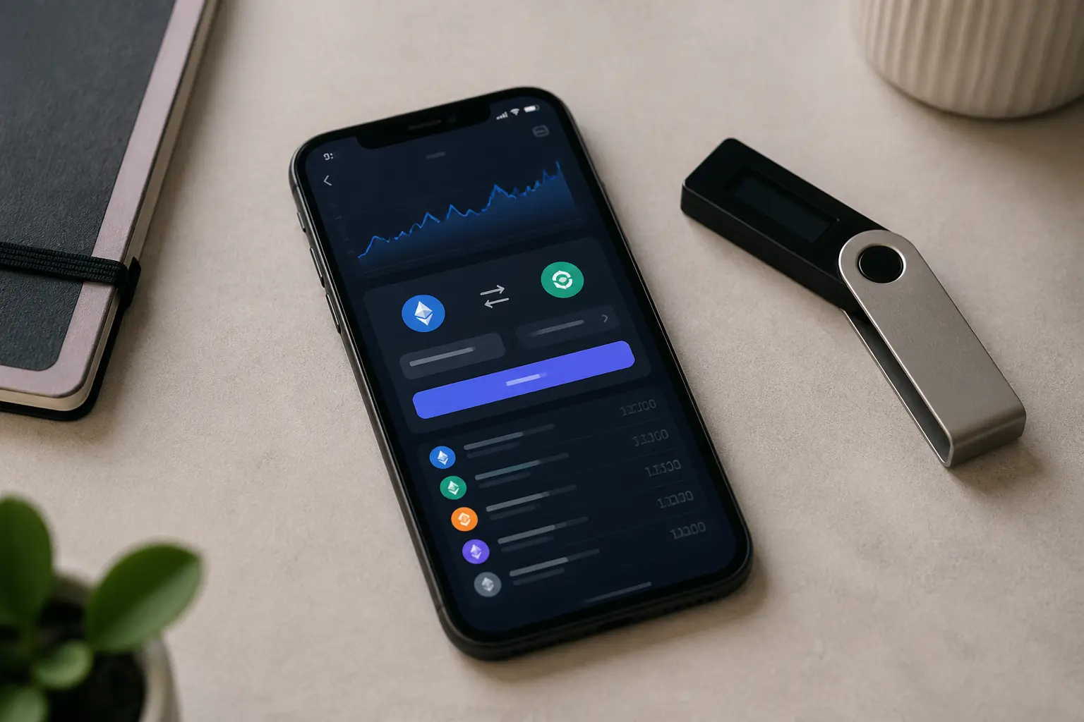 Смартфон с интерфейсом криптокошелька на рабочем столе