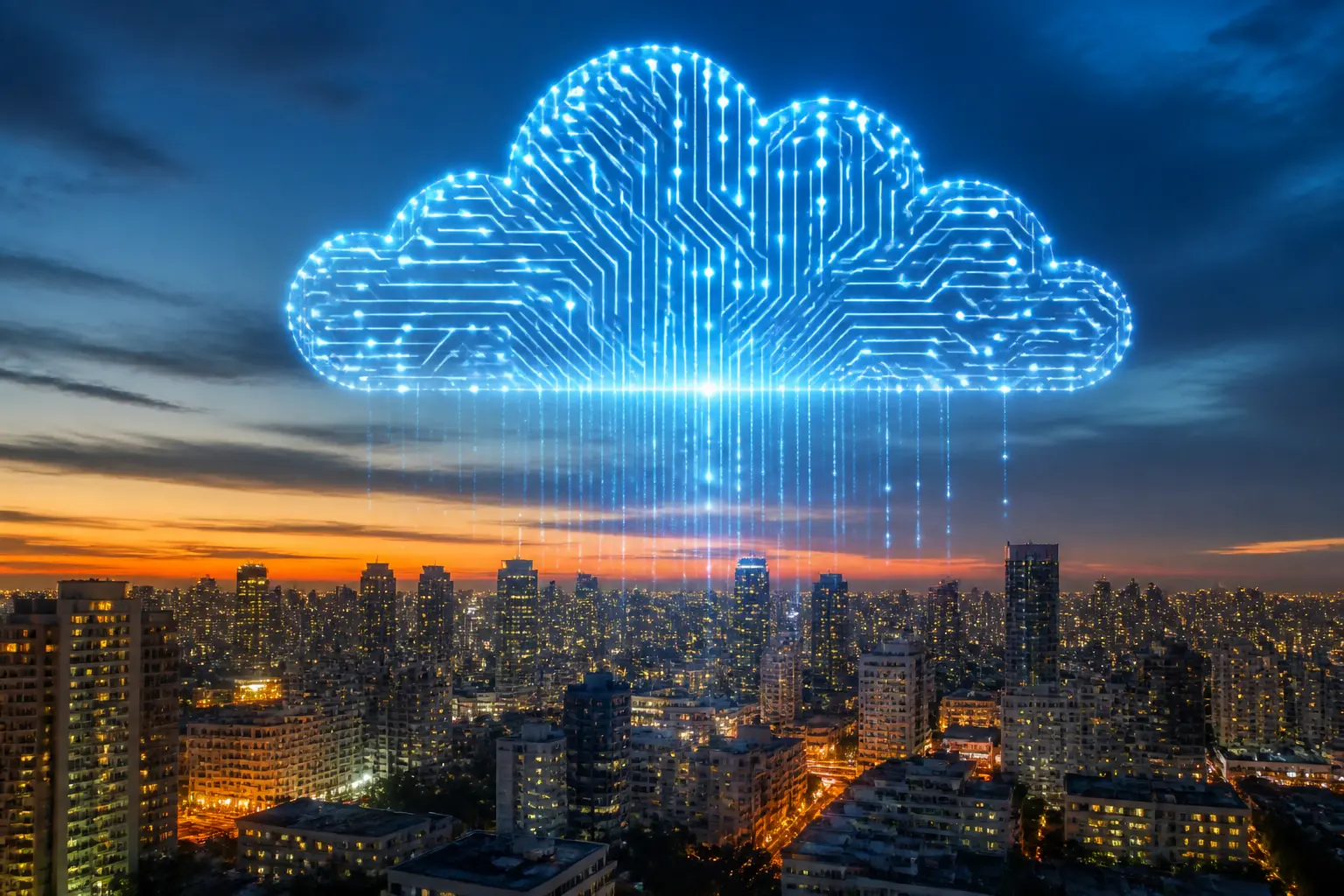 Хмара зі схем над містом символізує GPU cloud