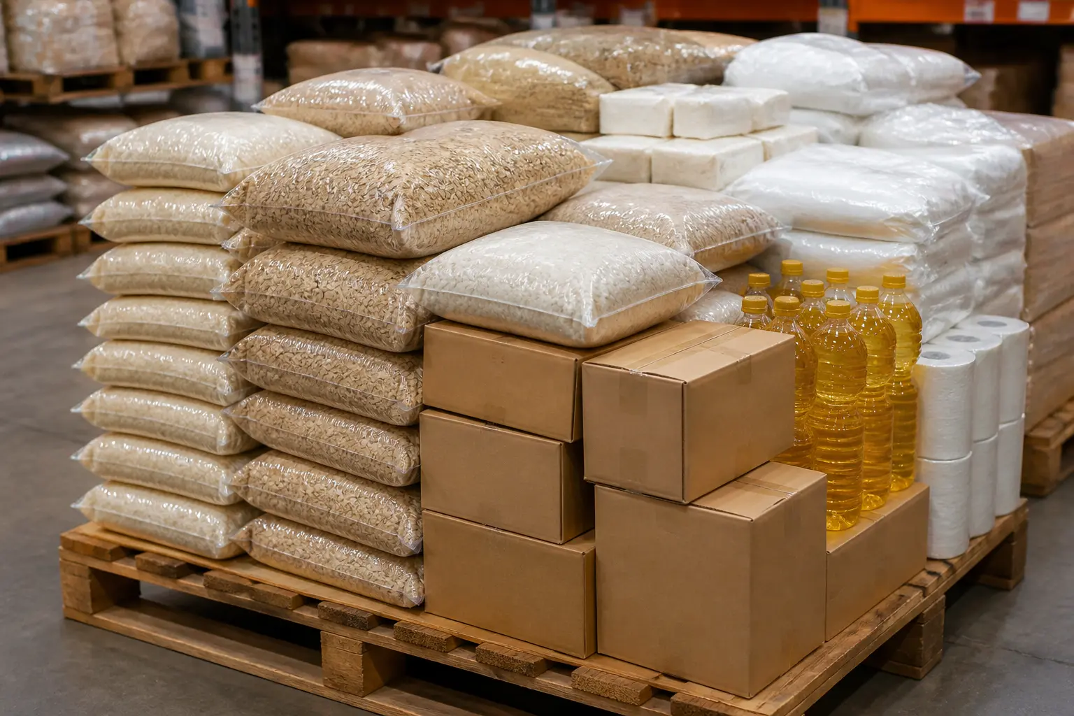Товари великими упаковками на палеті в магазині-складі