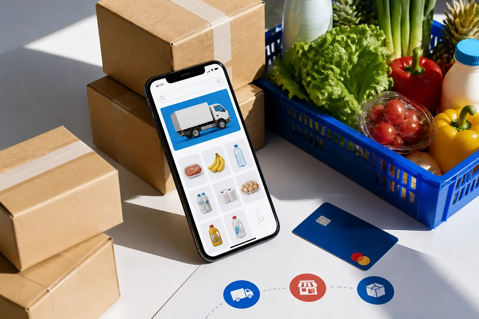 Смартфон з онлайн-покупкою, коробки та продукти на столі
