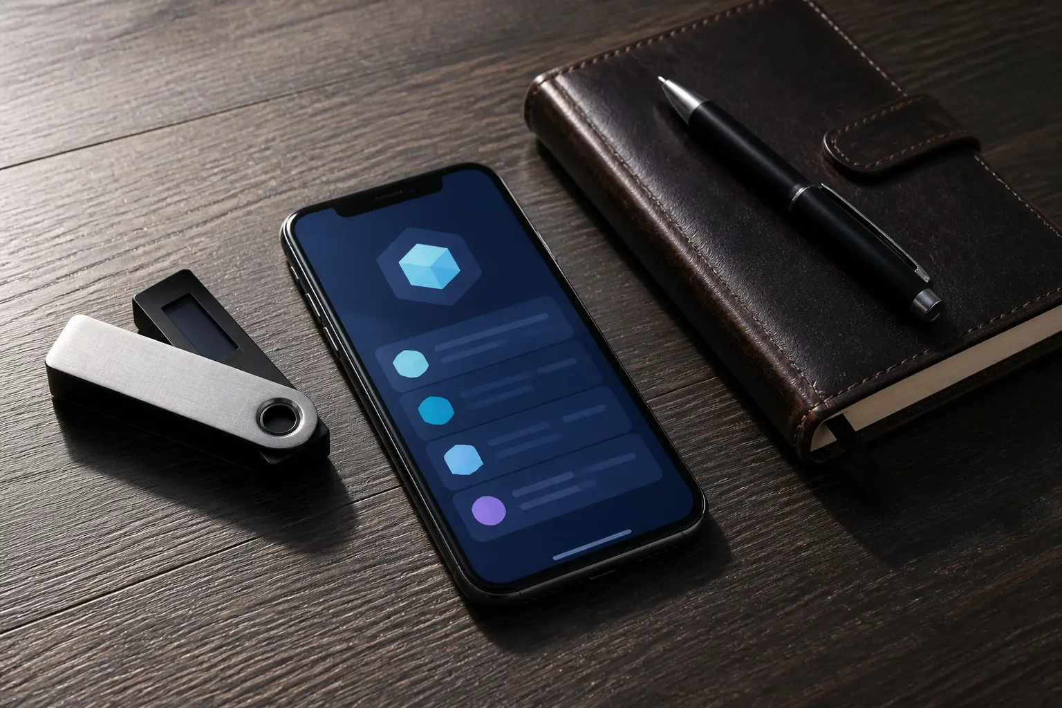 Апаратний гаманець, смартфон і блокнот для зберігання криптовалютних ключів