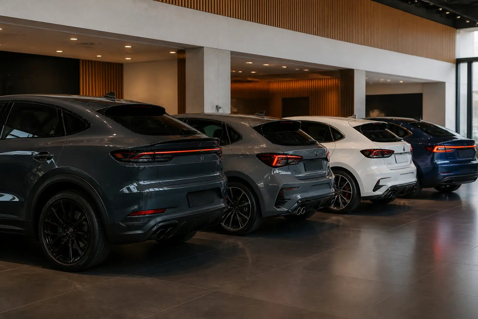 Иллюстративная линейка спортивных автомобилей в шоуруме