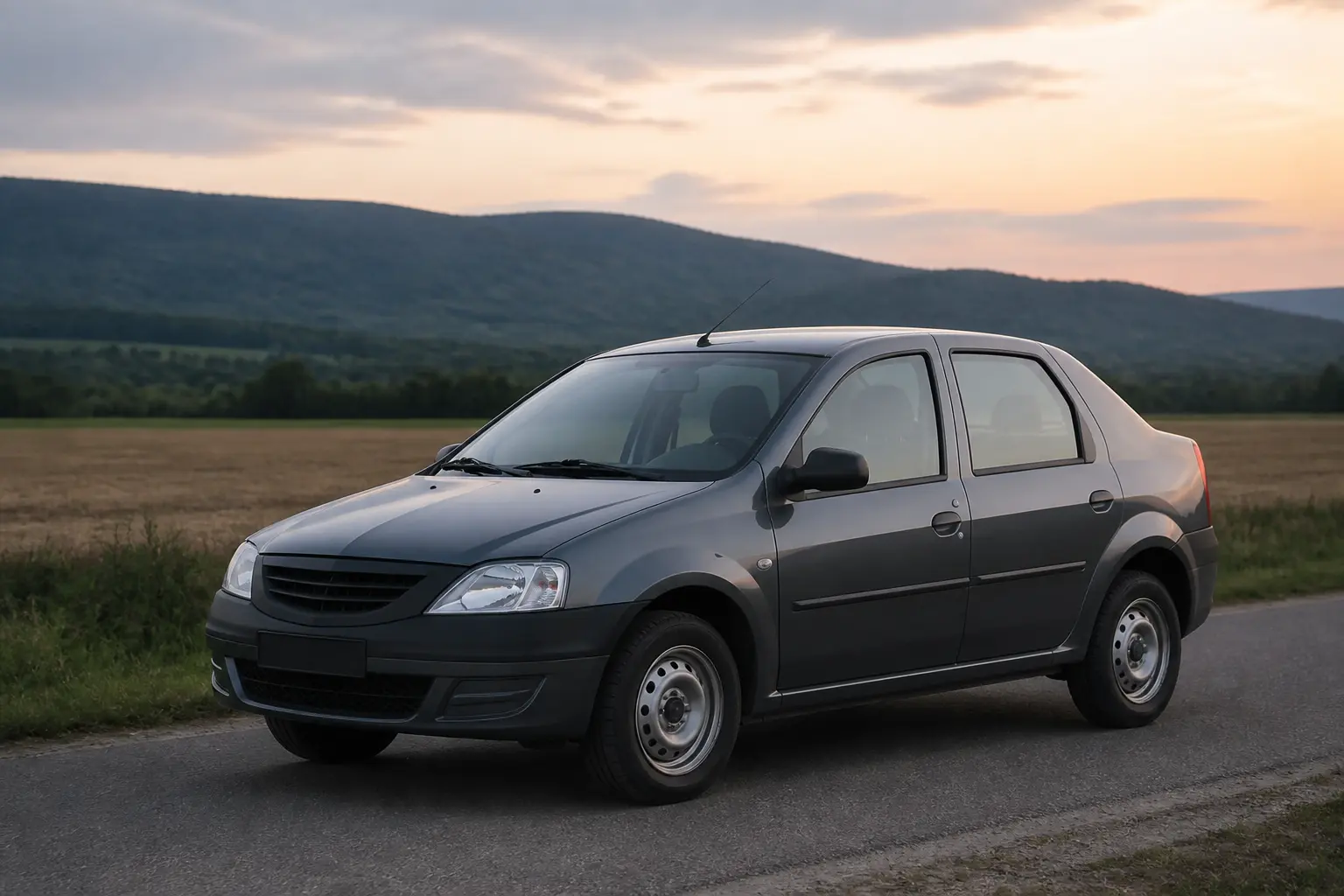 Бюджетний седан Dacia Logan на сільській дорозі
