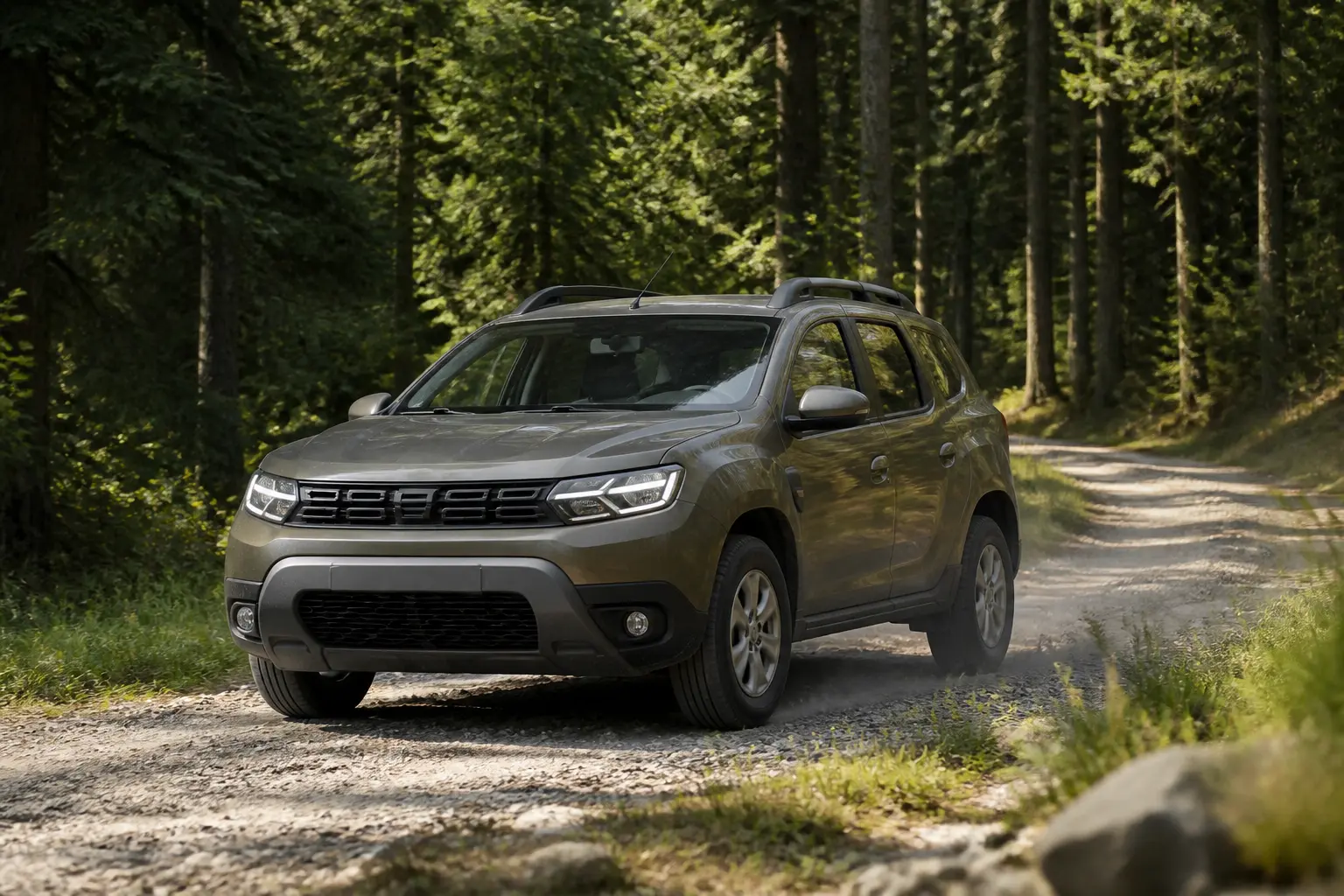 Кросовер Dacia Duster на ґрунтовій дорозі в лісі