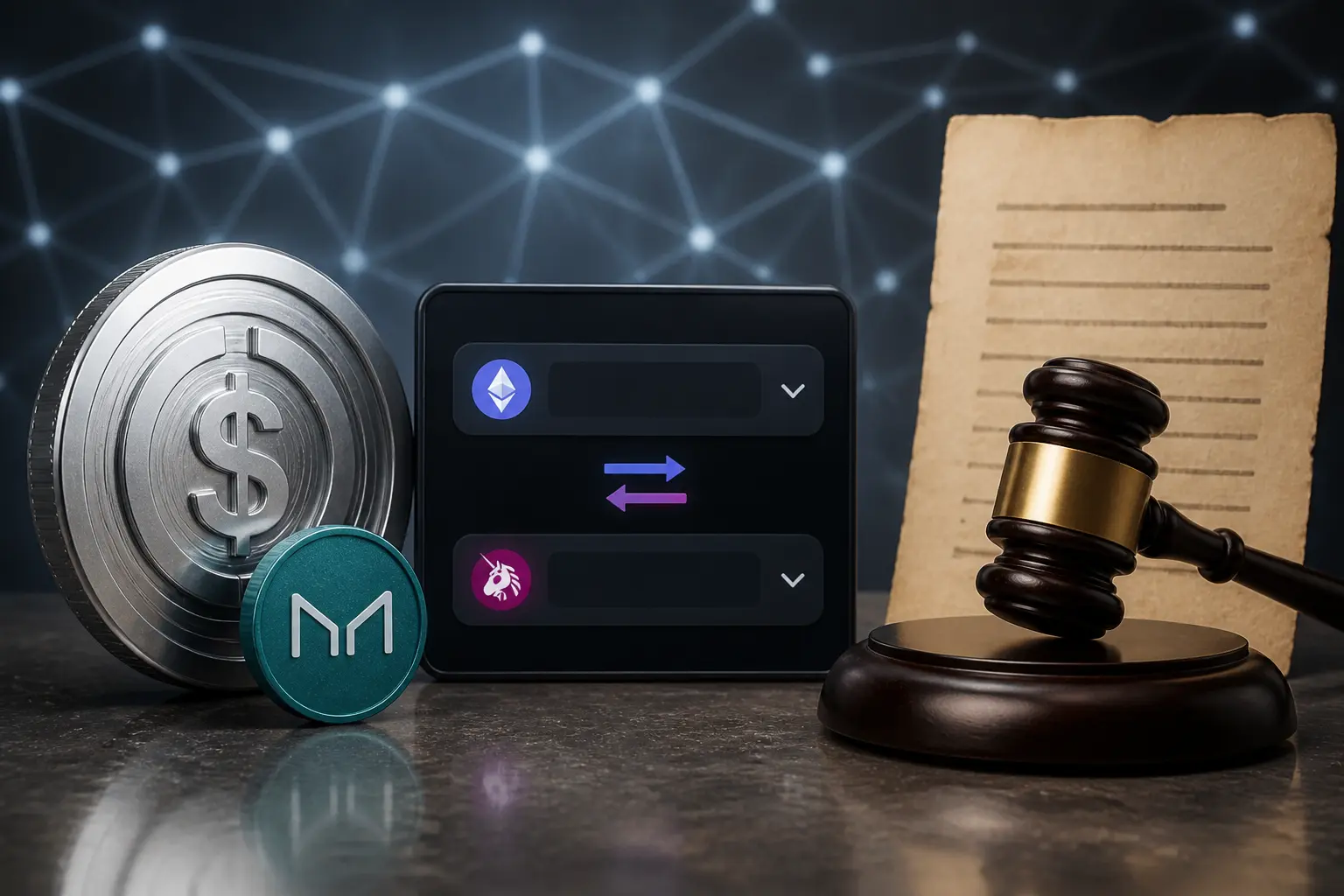 Колаж із прикладами MakerDAO, Uniswap та ConstitutionDAO